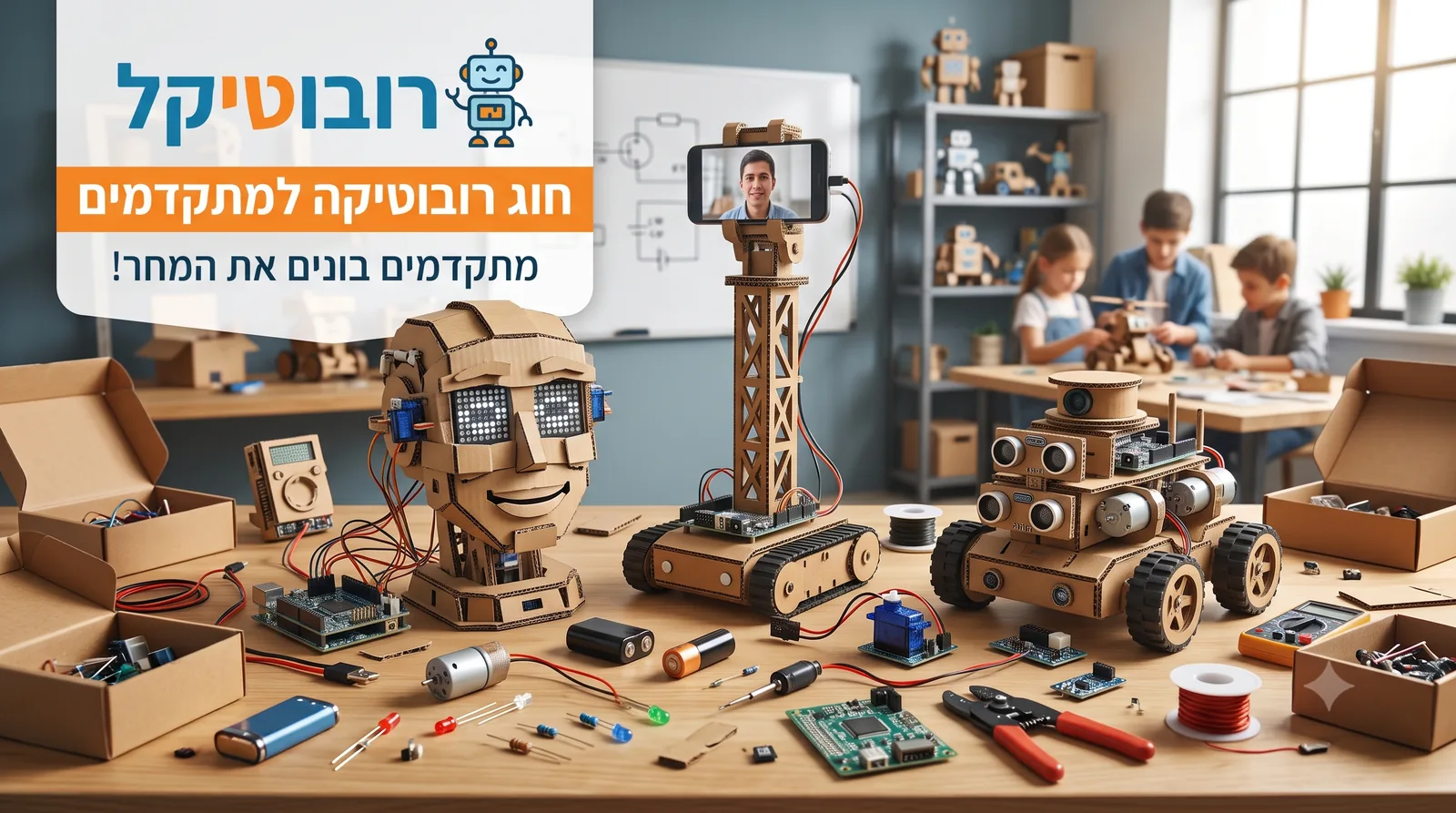 חוג רובוטיקה למתקדמים של רובוטיקל: ראש רובוט עם עיני LED, רובוט טלנוכחות עם טלפון, ורכב אוטונומי עם חיישנים — מקרטון, על שולחן סדנה, וילדים בונים ברקע