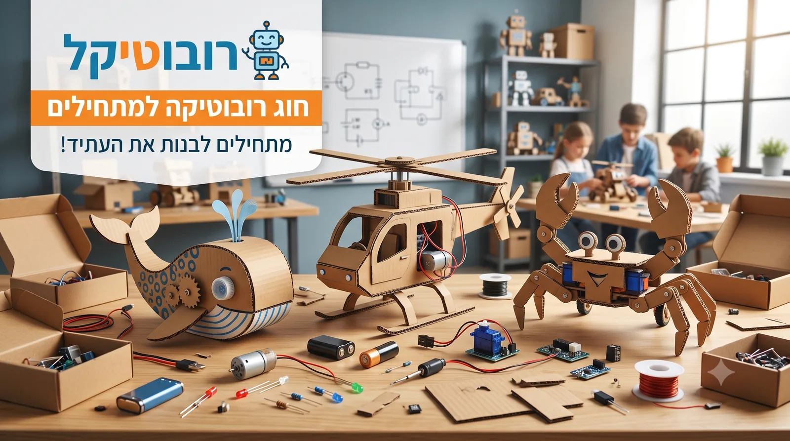 חוג רובוטיקה למתחילים של רובוטיקל: לווייתן, מסוק וסרטן מקרטון על שולחן סדנה עם רכיבים אלקטרוניים, וילדים בונים ברקע