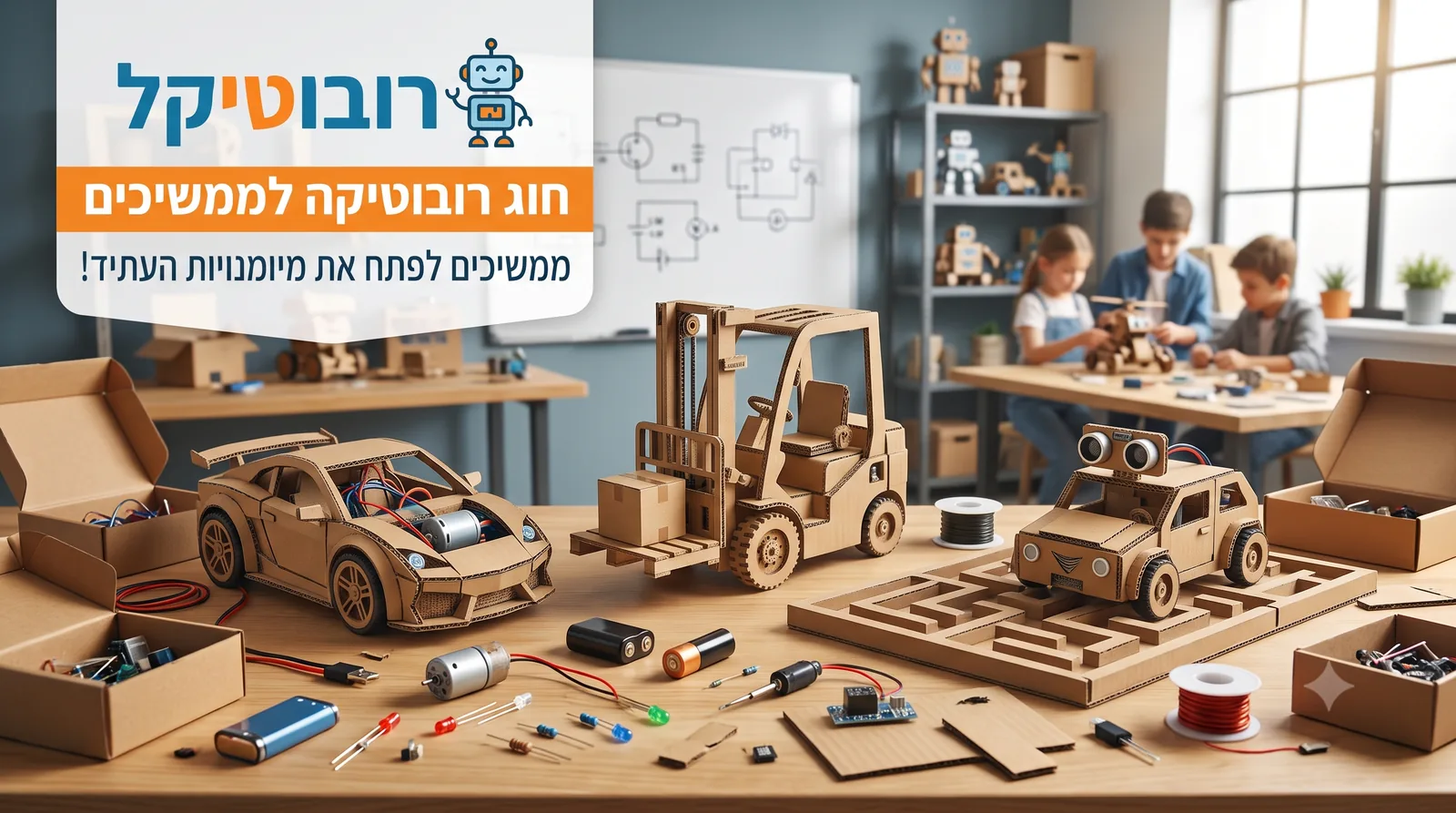חוג רובוטיקה לממשיכים של רובוטיקל: מכונית מרוץ, מלגזה ומכונית עם חיישן במבוך — מקרטון, על שולחן סדנה, וילדים בונים ברקע