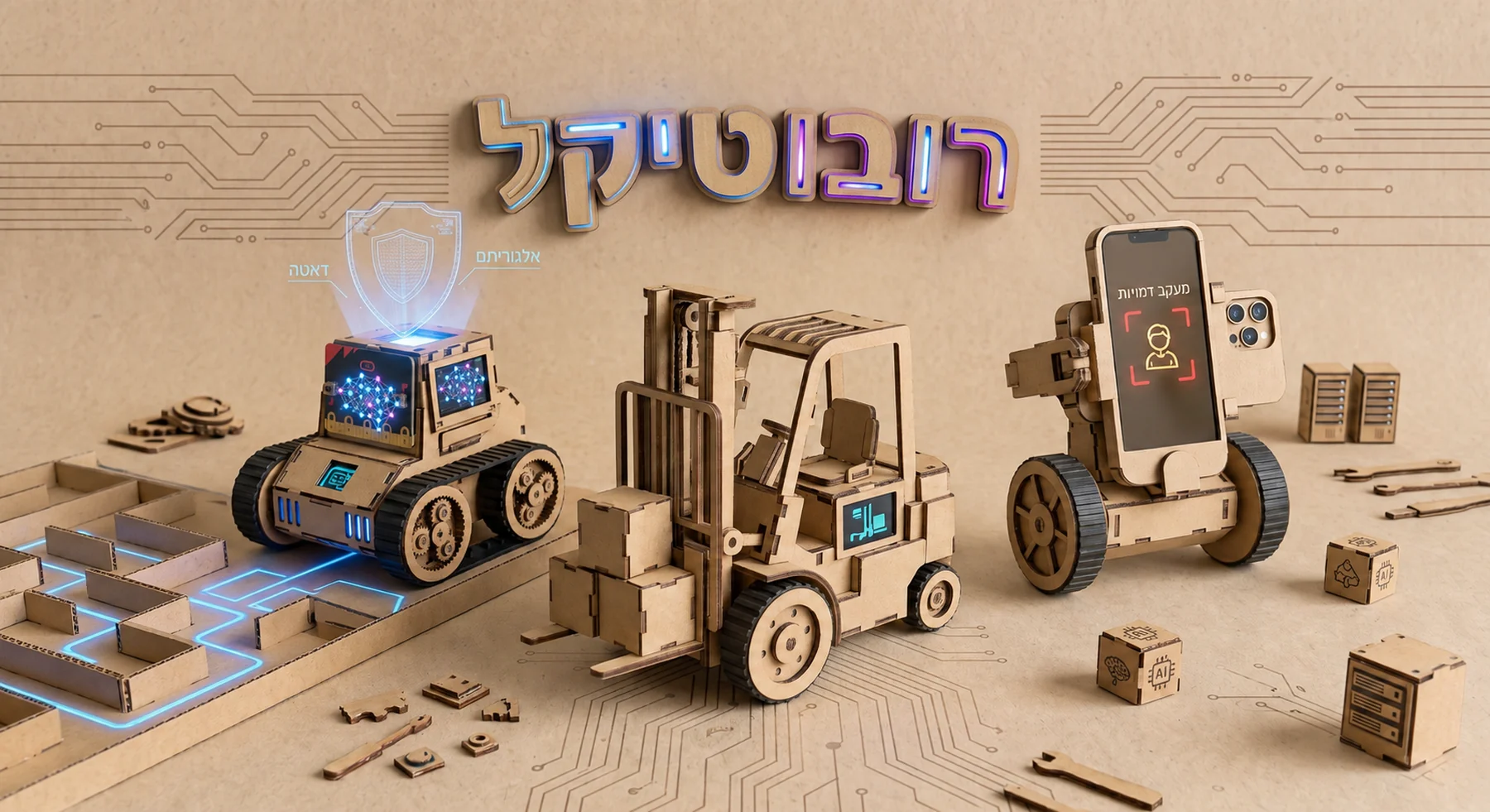 שלושה רובוטי קרטון של רובוטיקל: רובוט זחלים במבוך מואר, מלגזת קרטון, ורובוט עוקב-פנים עם טלפון